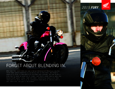 2015 FURY  FORGET ABOUT BLENDING IN. When was the last time you saw a beige motorcycle? Motorcycling has never been about blending in or being one of the herd. And that’s especially true in the world of cruisers and cu