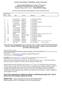 OVENS AND MURRAY SWIMMING ASSOCIATION INC. th 3RD CHAMPIONSHIP RELAY MEET 15 March To be Hosted by GT Aquatics at the Waves Wodonga Pool Warmup 10.00am Start 11.15am - MARCH PAST 11.00am
