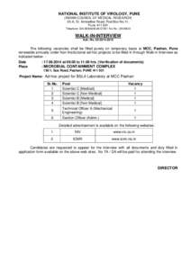 NATIONAL INSTITUTE OF VIROLOGY, PUNE (INDIAN COUNCIL OF MEDICAL RESEARCH) 20-A, Dr. Ambedkar Road, Post Box No.11, Pune[removed]Telephone: [removed][removed]Fax No.: [removed]