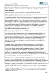 Impact case study (REF3b) Institution: University of Central Lancashire (UCLan) Unit of Assessment: 13 Electrical and Electronic Engineering, Metallurgy and Materials Title of case study: Mechanistic research supports th