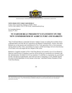 NEWS FROM NEW YORK FARM BUREAU Contact: Steve Ammerman, Manager of Public AffairsOffice), Cell),  For Immediate Release: January 9th, 2014