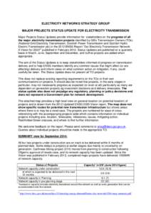 ELECTRICITY NETWORKS STRATEGY GROUP MAJOR PROJECTS STATUS UPDATE FOR ELECTRICITY TRANSMISSION Major Projects Status Updates provide information for stakeholders on the progress of all the major electricity transmission p