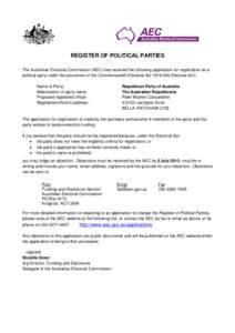 REGISTER OF POLITICAL PARTIES The Australian Electoral Commission (AEC) has received the following application for registration as a political party under the provisions of the Commonwealth Electoral Act[removed]the Electo