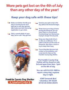 More pets get lost on the 4th of July than any other day of the year! Keep your dog safe with these tips! Make sure before the 4th your dog is wearing license & ID tags just in case they get lost.