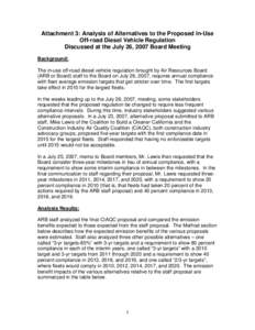 Attachment 3: Analysis of Alternatives to the Proposed In-Use Off-road Diesel Vehicle Regulation Discussed at the July 26, 2007 Board Meeting Background: The in-use off-road diesel vehicle regulation brought by Air Resou