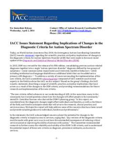 IACC Issues Statement Regarding Implications of Changes in the Diagnostic Criteria for Autism Spectrum Disorder