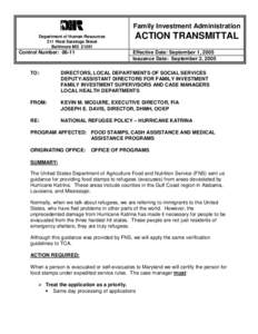 Family Investment Administration Department of Human Resources 311 West Saratoga Street Baltimore MD[removed]Control Number: 06-11