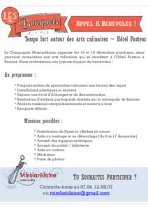 APPEL A BENEVOLES ! Temps fort autour des arts culinaires ~ Hôtel Pasteur La Compagnie Mirelaridaine organise les 14 et 15 décembre prochains, deux journées consacrées aux arts culinaires qui se tiendront à l’Hôt