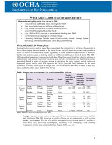 WEST AFRICA 2008 HUMANITARIAN REVIEW Humanitarian highlights in West Africa in 2008 • Food, nutrition and health: main challenges for 2008 • Food price hikes impacted millions of households • Over 14,000 cholera ca