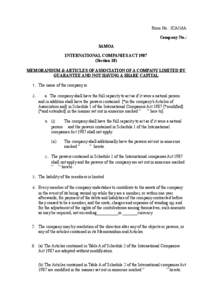 Form No.: ICA/16A Company No.: SAMOA INTERNATIONAL COMPANIES ACTSection 18) MEMORANDUM & ARTICLES OF ASSOCIATION OF A COMPANY LIMITED BY