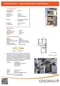 Pankower Gärten - 2 Zimmer-Wohnung mit zwei BalkonenG Gesamtfläche: Zimmeranzahl:  64,82 m²