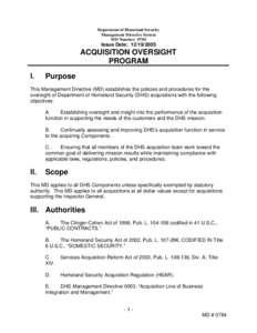 US Department of Homeland Security, Directive 0784, Acquisition Oversight Program