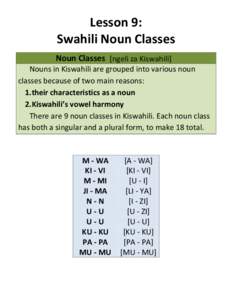 Lesson 9: Swahili Noun Classes Noun Classes [ngeli za Kiswahili] Nouns in Kiswahili are grouped into various noun classes because of two main reasons: 1. their characteristics as a noun