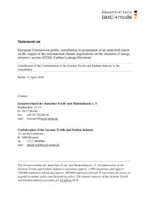 Statement on European Commission public consultation in preparation of an analytical report on the impact of the international climate negotiations on the situation of energy intensive sectors (ETSD, Carbon Leakage Decis