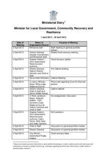 Ministerial Diary1 Minister for Local Government, Community Recovery and Resilience 1 April 2013 – 30 April 2013 Date of Meeting