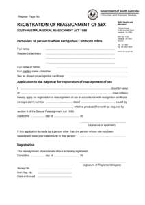 Register Page No:  REGISTRATION OF REASSIGNMENT OF SEX SOUTH AUSTRALIA SEXUAL REASSIGNMENT ACT[removed]Particulars of person to whom Recognition Certificate refers