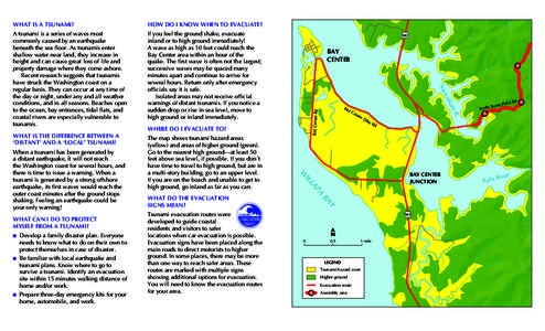 The map shows tsunami hazard areas (yellow) and areas of higher ground (green). Go to the nearest high ground—at least 50 feet above sea level, if possible. If you don’t have time to travel to high ground, but are in