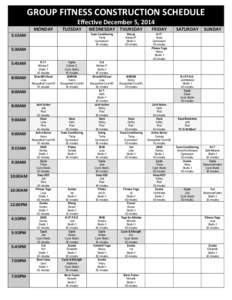 GROUP FITNESS CONSTRUCTION SCHEDULE Effective December 5, 2014 MONDAY TUESDAY