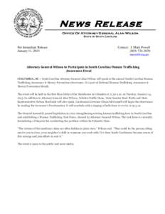 News Release Office Of Attorney General Alan Wilson State of South Carolina For Immediate Release January 11, 2013