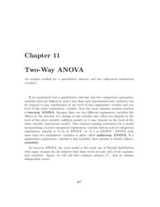 Chapter 11 Two-Way ANOVA An analysis method for a quantitative outcome and two categorical explanatory variables.  If an experiment has a quantitative outcome and two categorical explanatory