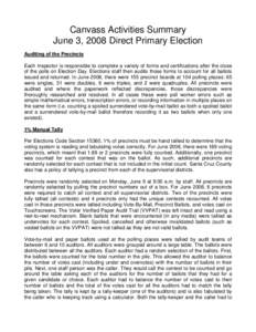 Canvass Activities Summary June 3, 2008 Direct Primary Election Auditing of the Precincts Each Inspector is responsible to complete a variety of forms and certifications after the close of the polls on Election Day. Elec