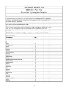 UNH Health Benefits Plan[removed]Plan Year Three-Tier Prescription Drug List Covered medications are categorized in one of the three tiers described below. The list is alphabetical, with the tier indicated to the right