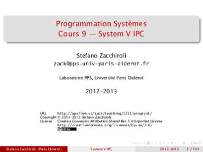 Programmation Systèmes Cours 9 — System V IPC Stefano Zacchiroli  Laboratoire PPS, Université Paris Diderot