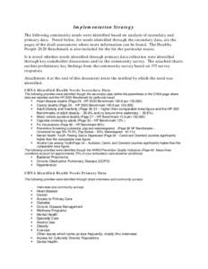 Implementation Strategy The following community needs were identified based on analysis of secondary and primary data. Noted below, for needs identified through the secondary data, are the pages of the draft assessment w