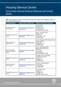 Housing Service Centre Community Housing Referral Mailboxes and contact details nal line of text Note: These mailboxes are for use by Community Housing Providers when requesting referrals, as part of the allocations proc