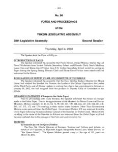 - [removed]No. 96 VOTES AND PROCEEDINGS of the YUKON LEGISLATIVE ASSEMBLY