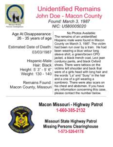 Unidentified Remains John Doe - Macon County Missouri Missing Persons Clearinghouse  Found: March 3, 1987