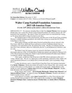 For Immediate Release: December 12, 2013 Contact: Al Carbone[removed]Follow us on Twitter @WalterCampFF
