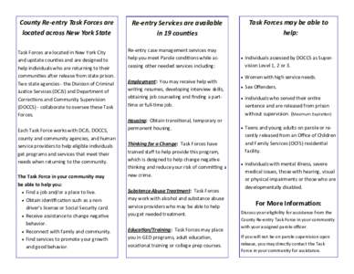 County Re-entry Task Forces are located across New York State Task Forces are located in New York City and upstate counties and are designed to help individuals who are returning to their communities after release from s