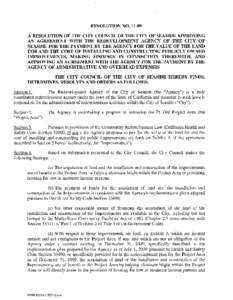 RESOLUTION NOA RESOLUTION OF THE CITY COUNCIL OF THE CITY OF SEASIDE APPROVING AN AGREEMENT WITH THE REDEVELOPMENT AGENCY OF THE CITY OF SEASDIE FOR THE PAYMENT BY THE AGENCY FOR THE VALUE OF THE LAND FOR AND THE