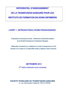 PROPOSITION DE REFERENTIEL D’ENSEIGNEMENT DE LA TRANSFUSION SANGUINE POUR LES IFSI