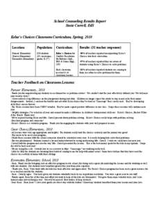 School Counseling Results Report Susie Carrell, EdS Kelso’s Choices Classroom Curriculum, Spring, 2010 Location:  Population: