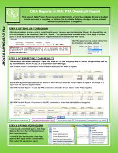 OGA Reports in IRA IRA:: PTA Overdraft Report This report lists Project Task Award combinations where the Actuals Balance (budget minus actuals) is negative, or where the Available Balance (budget minus actuals minus enc