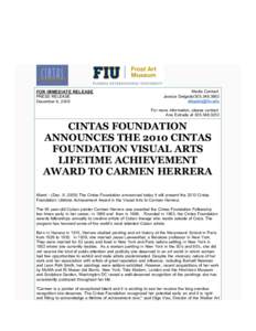 2010 Lifetime Achievement Award Announced by Cintas Foundation Program at FIU Frost Art Museum Announces