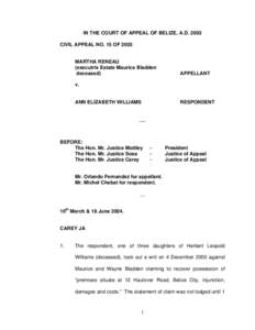 IN THE COURT OF APPEAL OF BELIZE, A.DCIVIL APPEAL NO. 15 OF 2003 MARTHA RENEAU (executrix Estate Maurice Bladden deceased)