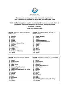 Members who have expressed their intention to implement the WCO Framework of Standards to Secure and Facilitate Global Trade ≈ Liste des Membres qui ont exprimé leur intention de mettre en oeuvre le Cadre de normes de