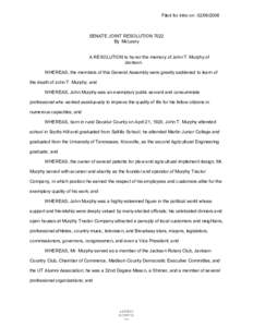 Filed for intro on[removed]SENATE JOINT RESOLUTION 7022 By McLeary  A RESOLUTION to honor the memory of John T. Murphy of