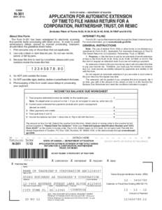 Form N-301 Rev 2013 Application for Automatic Extension of Time to File Hawaii Corporation Income Tax Return