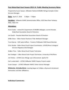 Post-Waterfowl Hunt Season[removed]Public Meeting Summary Notes Prepared by Susan Sawyer, Stillwater National Wildlife Refuge Complex Visitor Services Manager Date: April 17, 2014