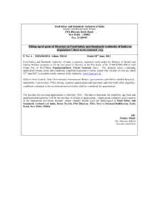 Food Safety and Standards Authority of India (Ministry of Health and Family Welfare) FDA Bhavan, Kotla Road, New Delhi – Fax, 