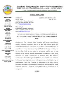 Coachella Valley Mosquito and Vector Control District[removed]Trader Place • Indio, CA 92201 • ([removed] • Fax[removed]E-mail: [removed] • Website: www.cvmvcd.org PRESS RELEASE Board of Tru