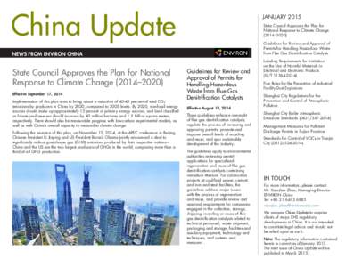 China Update  JANUARY 2015 State Council Approves the Plan for National Response to Climate Change (2014–2020)