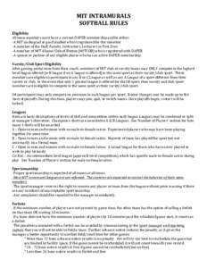 MIT	INTRAMURALS	 SOFTBALL	RULES Eligibility	 All	team	members	must	have	a	current	DAPER	membership	and	be	either:	 -A	MIT	undergrad	or	grad	student	who	is	registered	for	the	semester