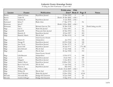 Lafayette County Genealogy Society E listing for Obit Notebooks 1-6 and e-file1 Lname  Fname