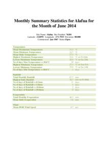Monthly Summary Statistics for Alafua for the Month of June 2014 Site Name: Alafua Site Number: 76201 Latitude: -[removed]Longitude: -[removed]Elevation: [removed]Commenced: Jan 1967 Status:Open Temperature