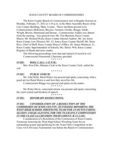 KNOX COUNTY BOARD OF COMMISSIONERS The Knox County Board of Commissioners met in Regular Session on Monday, February 27, 2012 at 1:45 p.m. in the Main Assembly Room of the City-County Building, Main Avenue. Those members